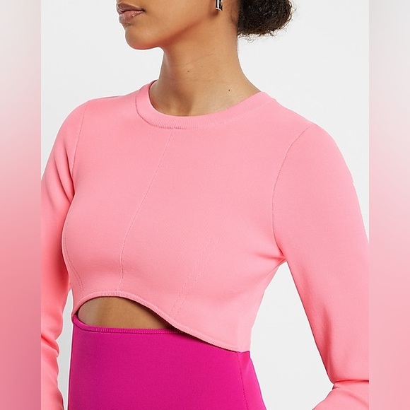 Express Body Contour Long Sleeve Color Block Cutout Mini Sweater Dress pink sz L - Picture 3 of 10